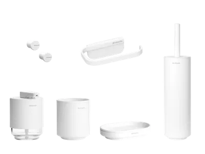 Набор Стакан Brabantia MindSet 303265 для зубных щеток, белый + Мыльница 303340 белая + Дозатор 303227 для жидкого мыла, белый + Крючок 303425 для полотенец, 2 шт, белый