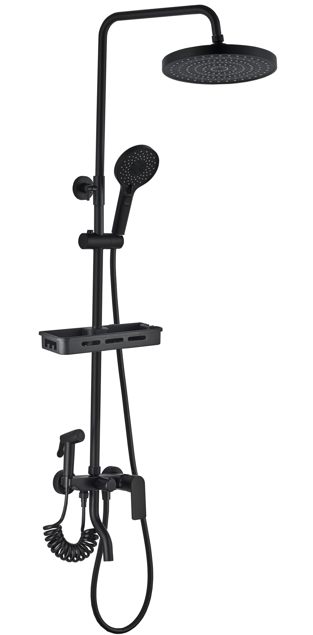Mau FS08B-PVD Душевая стойка (150 см) со смесителем, полкой и гигиеническим душем, латунь, черный EvaGold